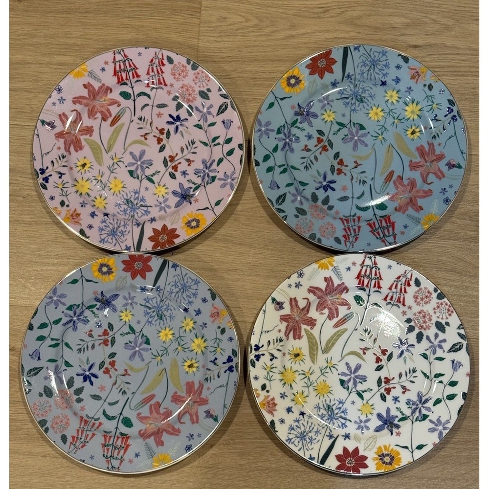 4- Grace Teaware COLORFUL Spring Floral Flowers Butterfly Salad Plate Set 8" NEW